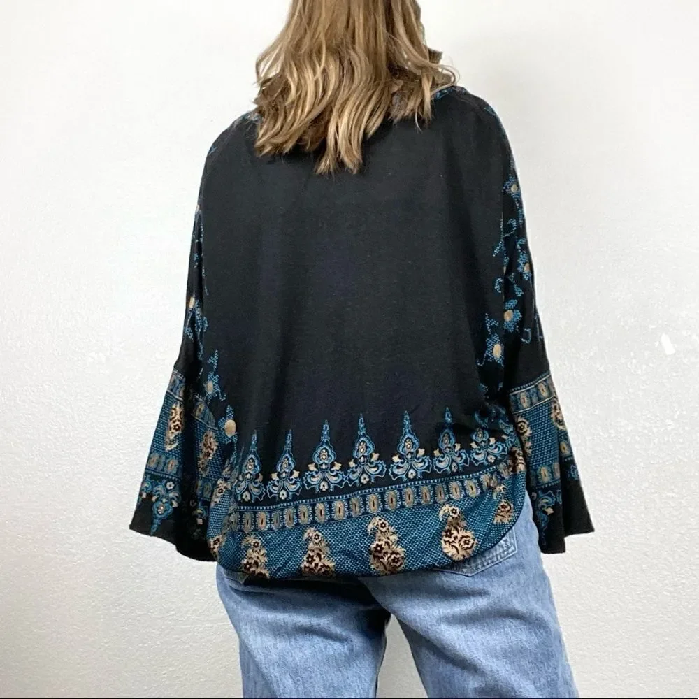 Free People Black & Gold Medallion Wide Sleeve Peasant Blouse